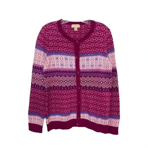 Appleseeds Printed Holiday Cotton Cardigan Sweater Fair Isle Rhinestone